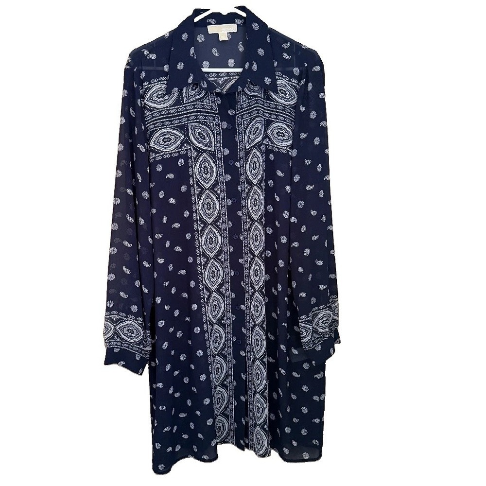 Michael Kors Sheer Navy Paisley Button Front Tunic Shirt Dress XXL Boho Layering